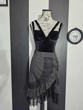 Fashion Nova Black Asymmetrical Lace-Trim Pencil Skirt with Buckles